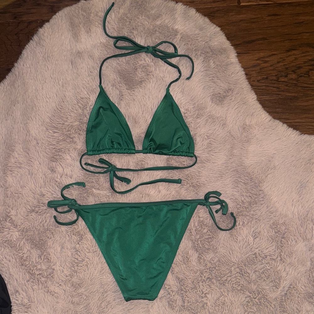 Green Triangle Bikini Set String Tie Side Bottoms Triangle Top Womens Swimsuit S - Picture 4 of 16